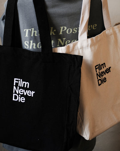 FilmNeverDie Black/White Tote Bag with pocket- Ready Stock